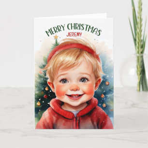 Young Blonde Boy with Name Christmas Holiday Card