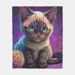 Young Blue Eyed Kitten With Ball Of Yarn Fleece Blanket