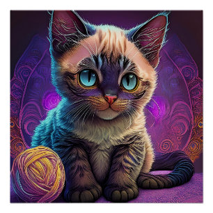 Young Blue Eyed Kitten With Ball Of Yarn Poster