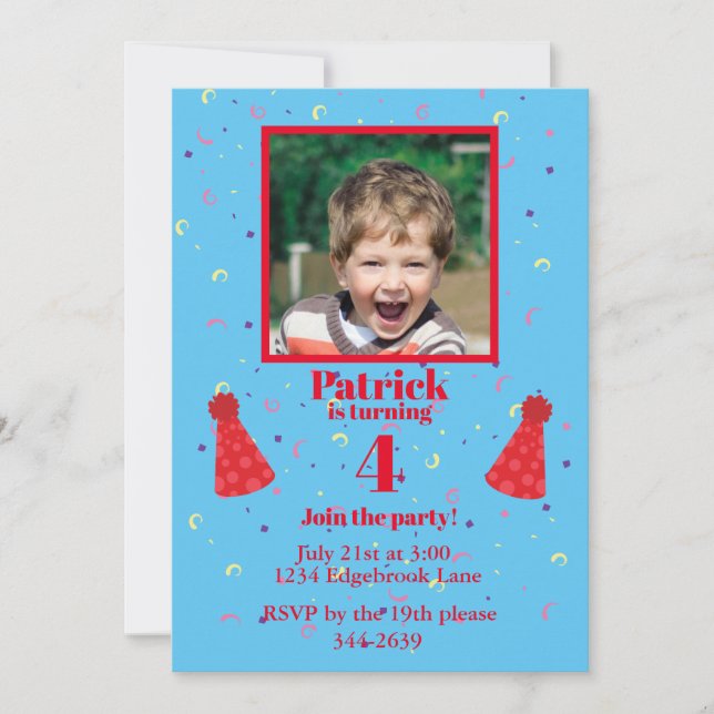 Young boy confetti on blue Birthday Party  Invitation (Front)