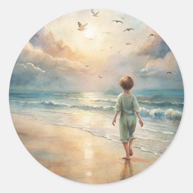 Young Boy on Beach Classic Round Sticker (Front)