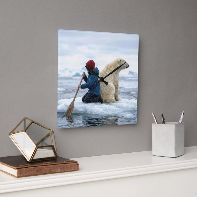 Young Boy on Ice Rescuing a Polar Bear Square Wall Clock (Office)