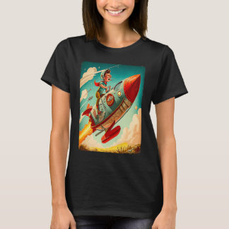 Young Boy Pilot Riding Rocket Race Space Old Imagi T-Shirt
