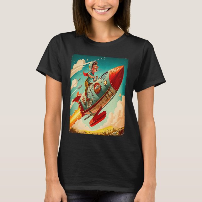 Young Boy Pilot Riding Rocket Race Space Old Imagi T-Shirt (Front)