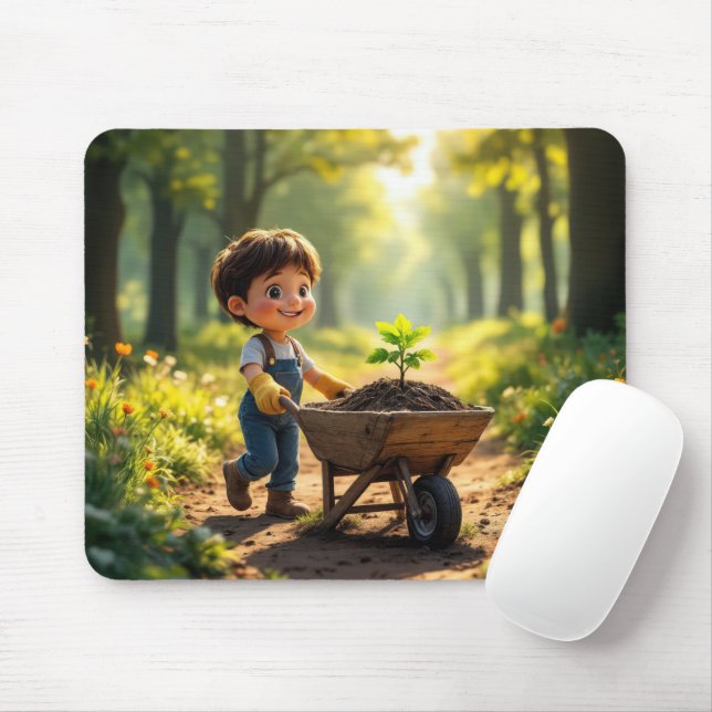 Young Boy Pushing a Wheelbarrow Mouse Mat (With Mouse)