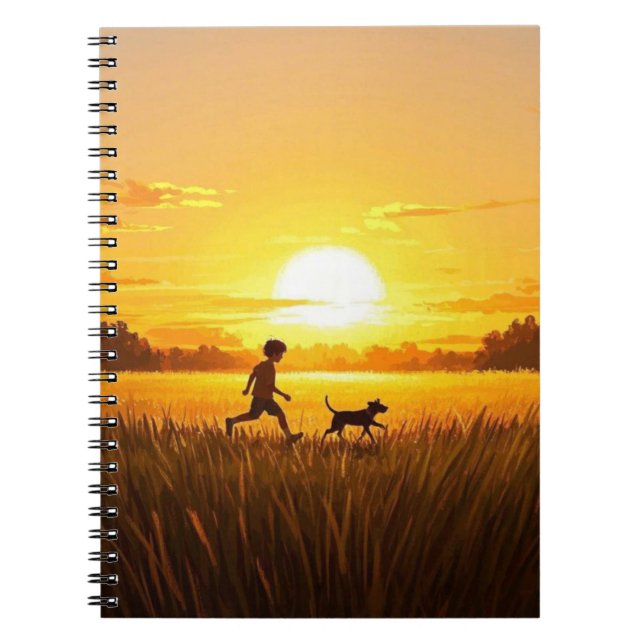 Young boy running with dog at sunset notebook (Front)