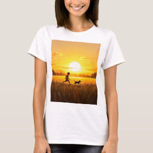 Young boy running with dog at sunset T-Shirt