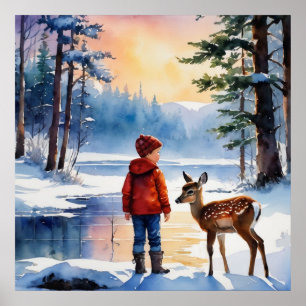 Young boy with a fawn deer poster