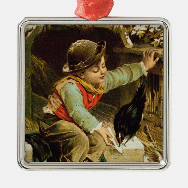 Young Boy with Birds in the Snow Metal Tree Decoration (Front)