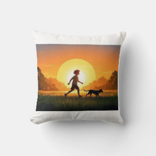 Young Boy with dog at sunset Cushion