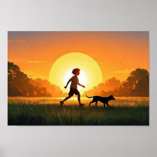 Young Boy with dog at sunset  Poster