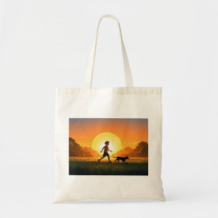 Young Boy with dog at sunset Tote Bag