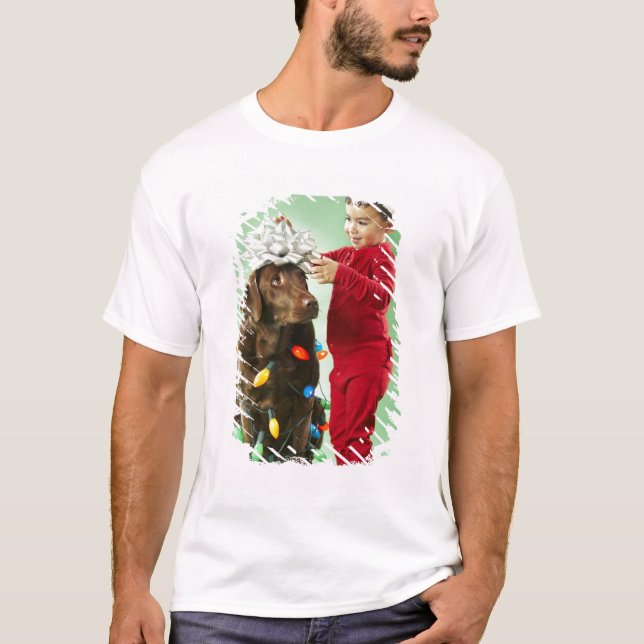 Young boy wrapping Christmas lights around a dog T-Shirt (Front)