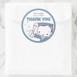 Young Boys Cute Blue Cartoon Graduation Thank You  Classic Round Sticker
