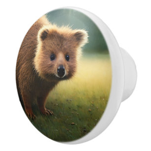 Young Brown Fluffy Australian Quokka, Ceramic Knob