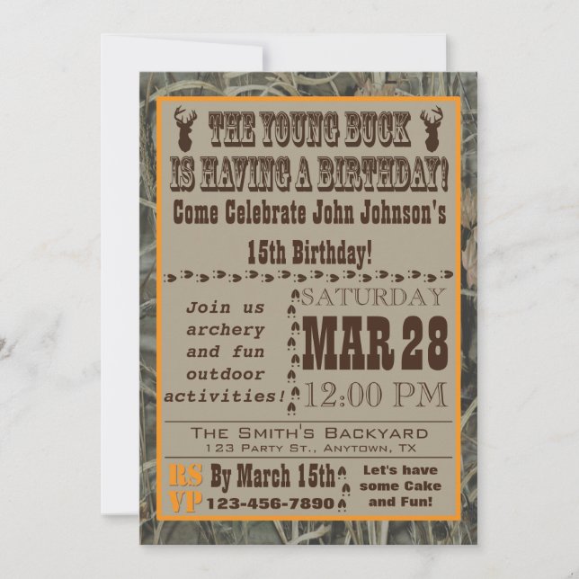 Young Buck Hunting Birthday Invitation with Camo (Front)