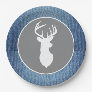 Young Buck White Deer Denim Grey Party Plates
