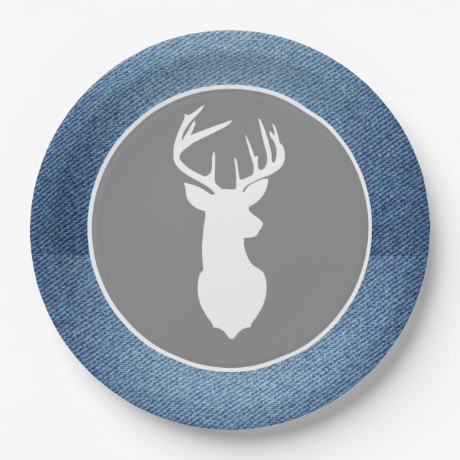 Young Buck White Deer Denim Grey Party Plates (Front)
