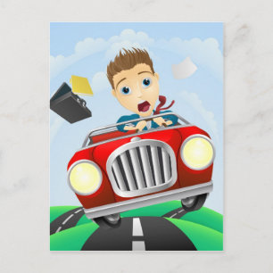 Young businessman driving fast classic car postcard