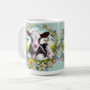 Young Calf with Floral Wreath and Butterflies Coffee Mug