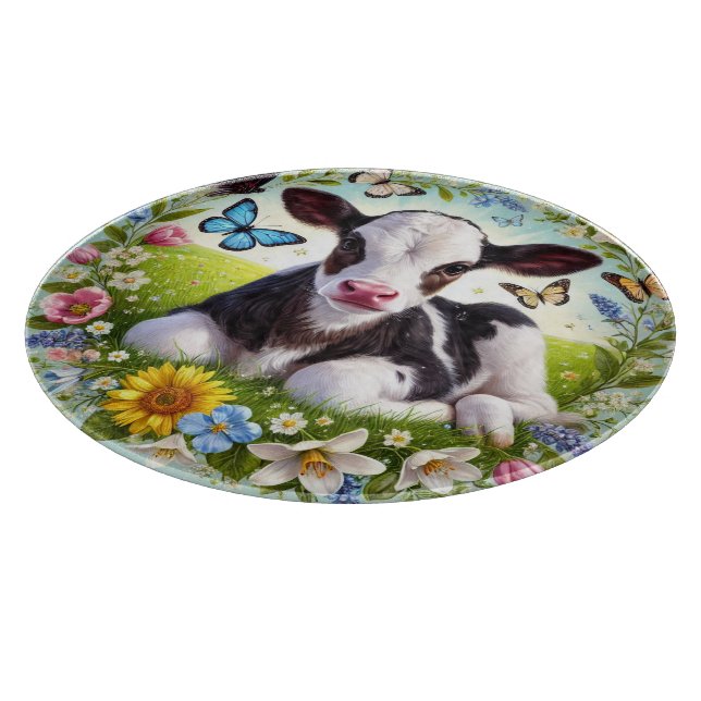 Young Calf with Floral Wreath and Butterflies Cutting Board (Corner)