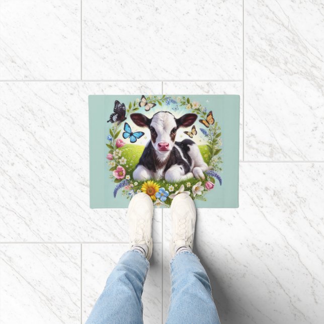 Young Calf with Floral Wreath and Butterflies Doormat (Indoor)