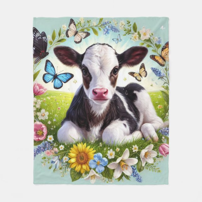 Young Calf with Floral Wreath and Butterflies Fleece Blanket (Front)