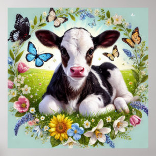 Young Calf with Floral Wreath and Butterflies Poster
