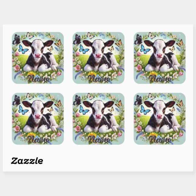 Young Calf with Floral Wreath and Butterflies Square Sticker (Sheet)