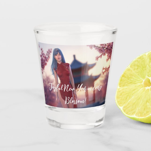 Young Cheongsam Beauty Posing for Chinese New Year Shot Glass (Front)