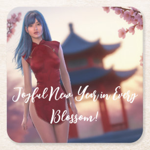 Young Cheongsam Beauty Posing for Chinese New Year Square Paper Coaster