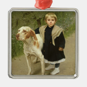Young Child and a Big Dog (oil on canvas) Metal Tree Decoration