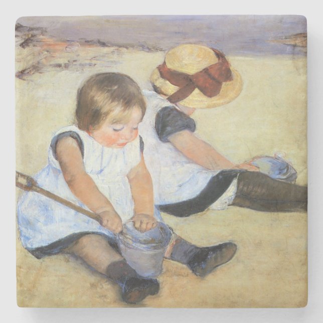 Young Children Playing on the Beach (Mary Cassatt) Stone Coaster (Front)