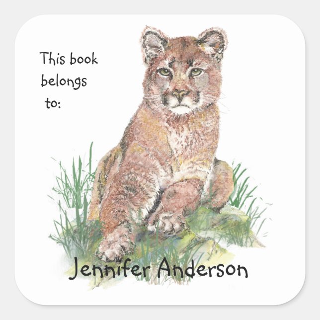 Young Cougar Watercolor Animal  Custom Bookplate Square Sticker (Front)