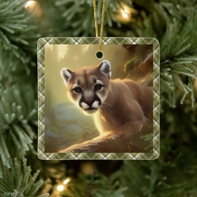 Young Cougar Wildlife Portrait Personalised  Ceramic Ornament (Tree)