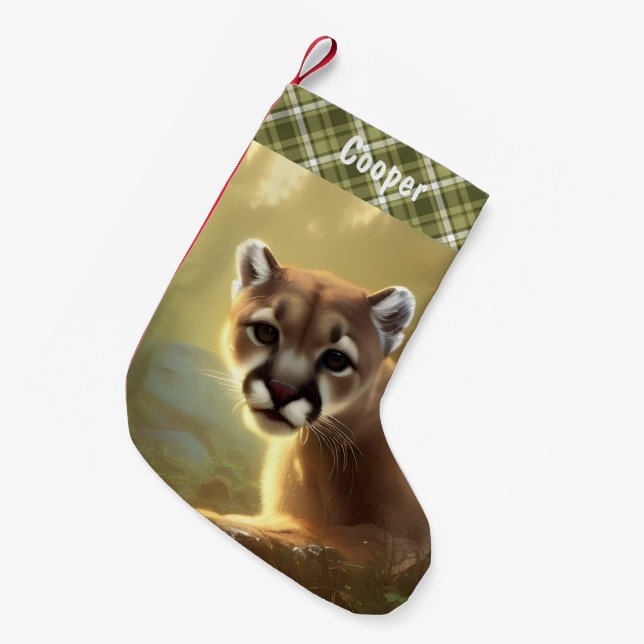 Young Cougar Wildlife Portrait Personalised  Small Christmas Stocking (Front (Hanging))