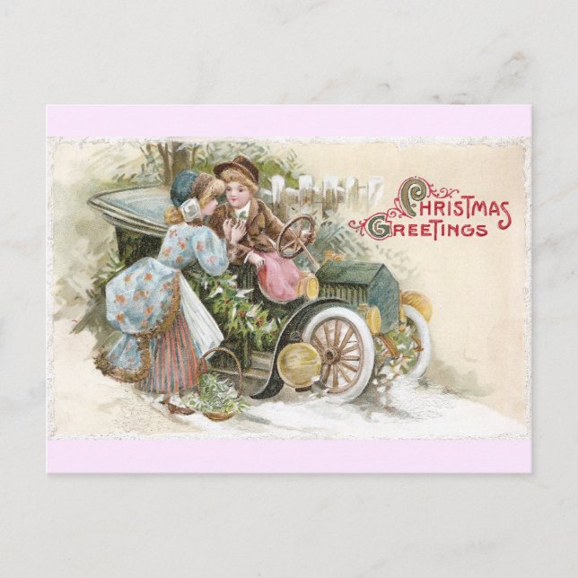 Young Couple and Vintage Cabriolet Christmas Holiday Postcard (Front)