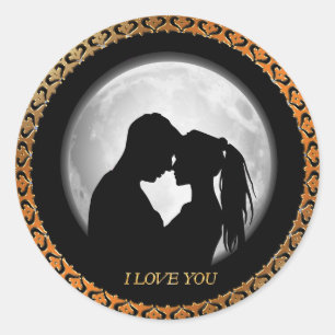 Young couple black silhouette kissing one another classic round sticker