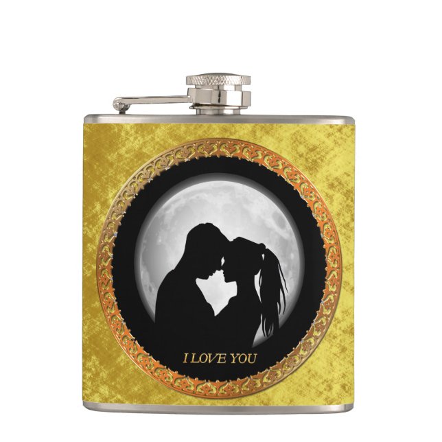 Young couple black silhouette kissing one another hip flask (Front)