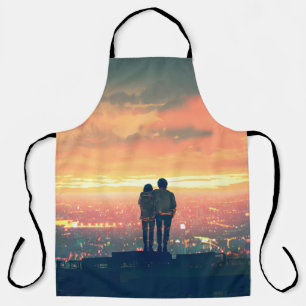 young couple standing on the roof top looking at c apron