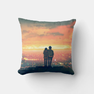 young couple standing on the roof top looking at c cushion