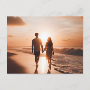 Young couple walking the beach at sunset postcard