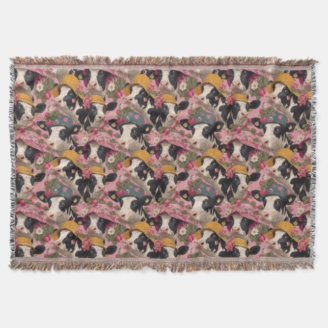 Young Cows Wearing Spring Hats In Strawberry Field Throw Blanket (Front)