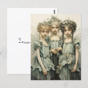 Young Cute Fairies Wearing Green Satin Dresses  Postcard