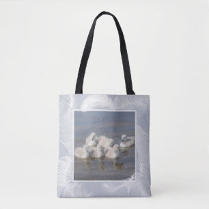 Young Cygnet Swans & Feathers Blue Tote Bag