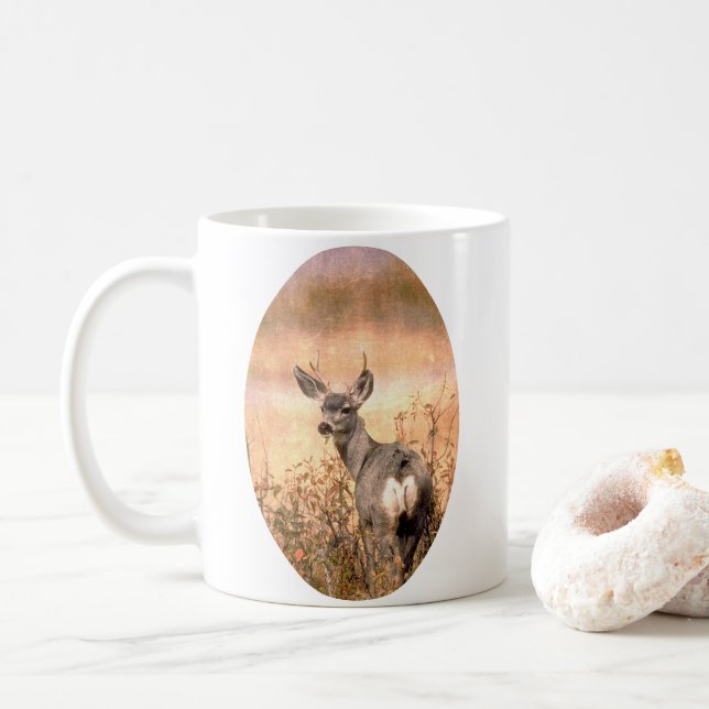 Young Deer in Wildflowers with Grungy Texture Art Coffee Mug (With Donut)