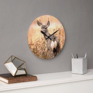 Young Deer in Wildflowers with Grungy Texture Art Large Clock