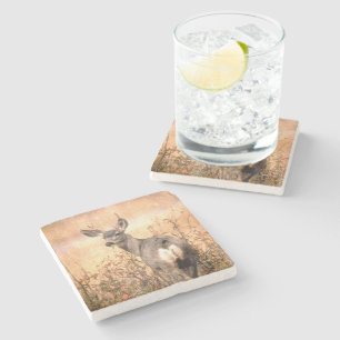 Young Deer in Wildflowers with Grungy Texture Art Stone Coaster