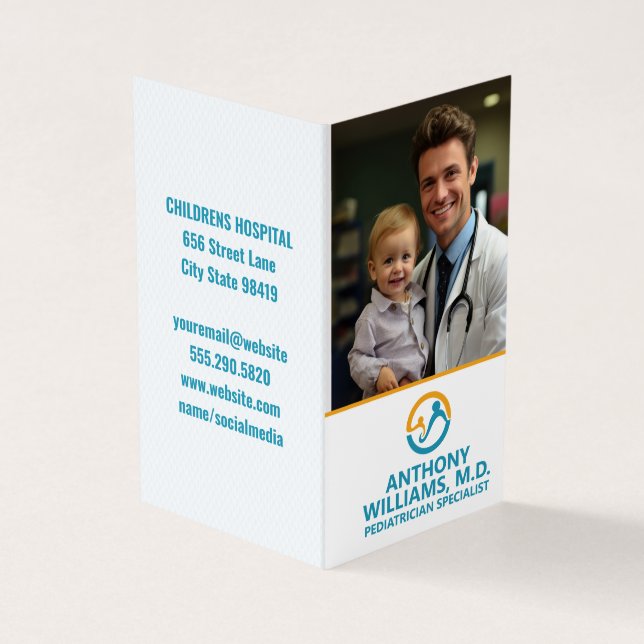 Young Doctor Holding Smiling Child Business Card (Outside)