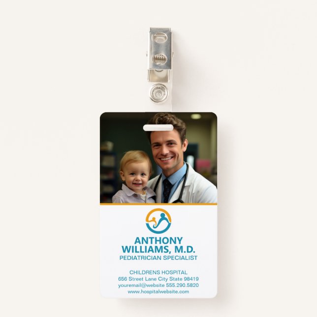 Young Doctor Holding Smiling Child ID Badge (Front with Clip)